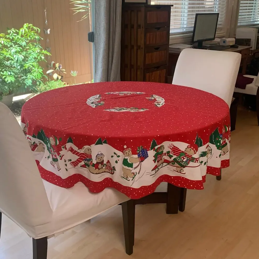 Vintage Christmas Tablecloth Round Red Holiday Teddy Bear Snow Scene 60” Decor
